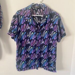 Men's Short-Sleeve Multi-Color Abstract Patterned Neon Button-Up Party Shirt - L